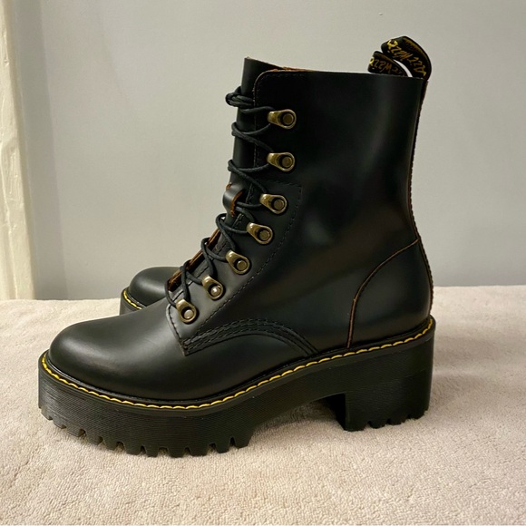 Dr. Martens Leona Heeled Boots Black Leather Smooth Combat Lace Up Shoes US 9 - Picture 4 of 12
